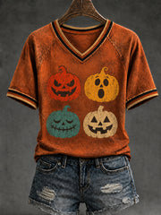 Women's Vintage Halloween Creepy Pumpkin V-neck Short Sleeve T-shirt