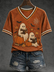 Women's Vintage Halloween Ghost Reading V-neck Short Sleeve T-shirt