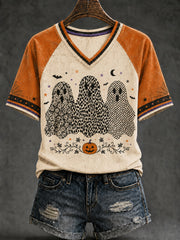 Women's Vintage Halloween Cute Ghost V-neck Short Sleeve T-shirt