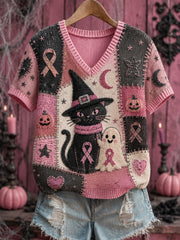 Women's Halloween Pink Ghost And Cat Pink Ribbon Print Breast Cancer Awareness Support V-Neck Top