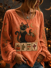 Women's Halloween Black Cat Mahjong Tops