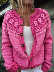 Women's Breast Cancer Awareness Pink Ribbon Yoke Isle Print Cozy Cardigan