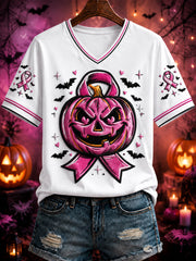 Women's Halloween Breast Cancer Pink Printed V-neck T-shirt
