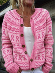 Women's Breast Cancer Awareness Pink Ribbon Isle Print Cozy Cardigan