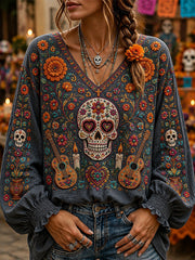 Women's Day Of The Dead Sugar Skull Mexican Floral Print Comfy V Neck Shirt