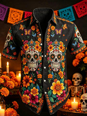 Men's Day Of The Dead Plant Flower And Skull Pattern Print Casual Short Sleeve Shirt