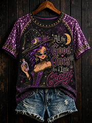 Women's Halloween witch print round neck short sleeve T-shirt