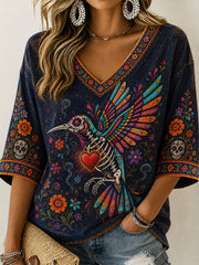Women's Day Of The Dead Plant Flower Pattern Print Casual Mid-length Sleeves V-Neck T-Shirt