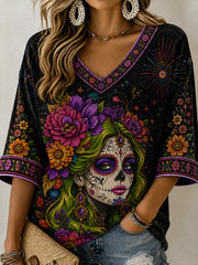 Women's Day Of The Dead Plant Flower Pattern Print Casual Mid-length Sleeves V-Neck T-Shirt