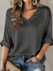 Women's Mexico Day of The Dead Floral Art Printed Mid-length Sleeves V-Neck T-Shirt