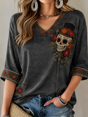 Women's Mexico Day of The Dead Floral Art Printed Mid-length Sleeves V-Neck T-Shirt