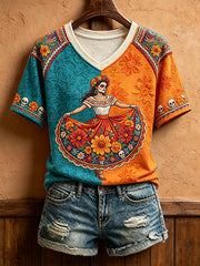 Women's Mexico Day of The Dead Floral Art Printed T-shirt