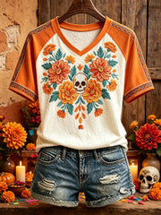 Women's Mexico Day of The Dead Floral Art Printed T-shirt
