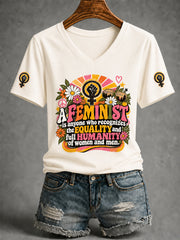 Women's Feminist Quote Print V-Neck Short Sleeve T-shirt