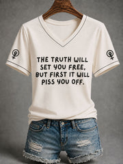 Women's Feminist Quote Print V-Neck Short Sleeve T-shirt