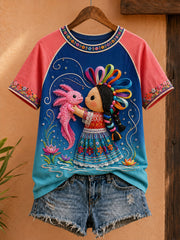 Women's Mexico Lele Doll Floral Art Printed T-shirt