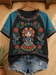 Women's Mexico Lele Doll Floral Art Printed T-shirt