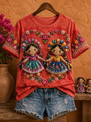 Women's Mexico Lele Doll Floral Art Printed T-shirt