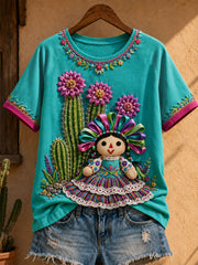 Women's Mexico Lele Doll Floral Art Printed T-shirt