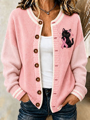 Women's Breast Cancer Black Cat Cardigan-Style Knit Jacket