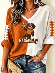 Women's Game Day Football Printed Casual Waffle T-shirt