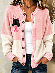 Women's Breast Cancer Black Cat Cardigan-Style Knit Jacket