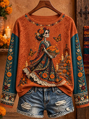 Women's Mexico Day of The Dead Floral Art Printed T-shirt