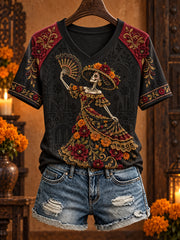 Women's Mexico Day of The Dead Floral Art Printed T-shirt