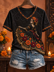 Women's Day of The Dead Floral Art Printed T-shirt