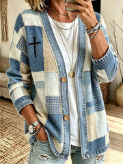 Women's Faith-Themed Patchwork Art Cardigan