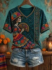 Women's short-sleeved T-shirtWomen's Mexico Day of The Dead Floral Art Printed T-shirt