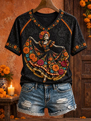 Women's Mexico Day of The Dead Floral Art Printed T-shirt