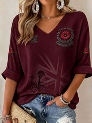Women's Lest We Forget Print Mid-length Sleeves V-Neck T-Shirt