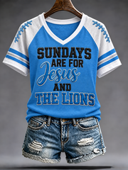 Women's Football Fan Lions Printed V-neck off-shoulder short-sleeved T-shirt