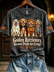 Women's Golden Retrievers Because People Are Creepy Halloween Print Short-sleeved T-shirt