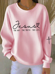 Women'S The Way The Truth The Life Cross Ribbed Round-Neck Sweatshirt