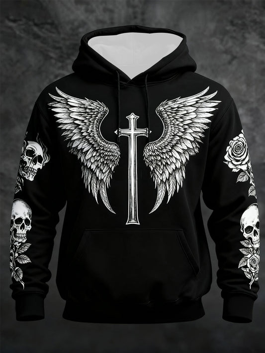 Men's Gothic Skull Oversized Drop-Shoulder Hoodie with Pockets