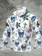 Men's Vintage Christmas Skull Checkered Cotton Hoodie