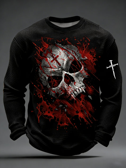 Men's Vintage Skull Faith Cross Waffle Long Sleeve T-Shirt