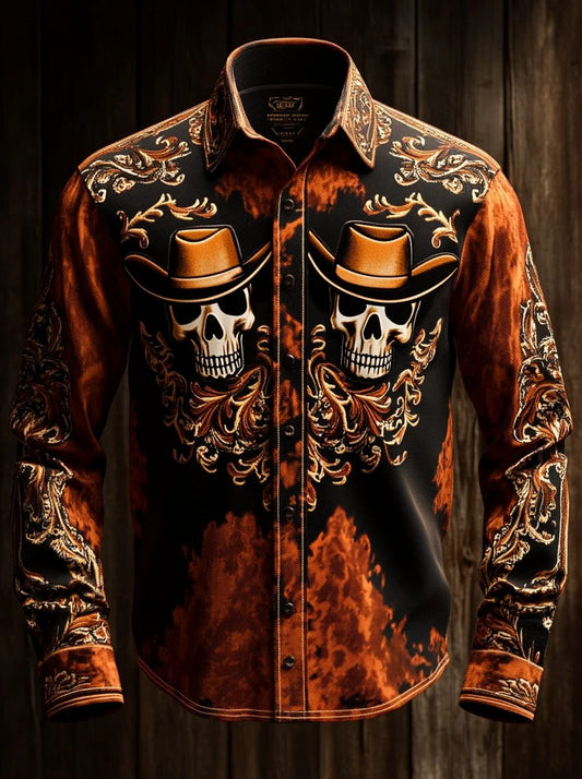Men's Retro Casual Skull Print Long Sleeve Shirt