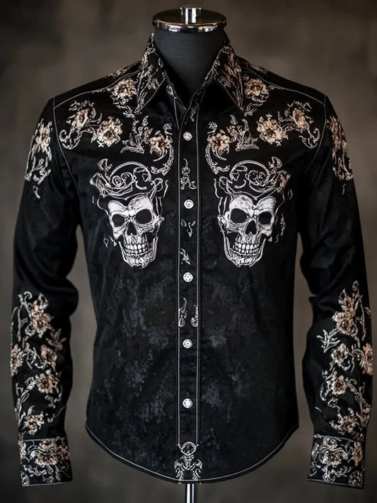 Men's Retro Casual Skull Print Long Sleeve Shirt