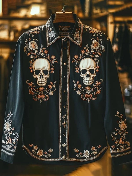 Men's Retro Casual Skull Print Long Sleeve Shirt