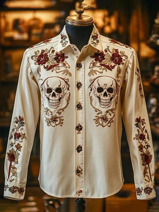 Men's Retro Casual Skull Print Long Sleeve Shirt