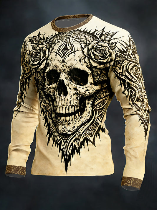 Men's Gothic Dark Skull long sleeve round neck T-shirt