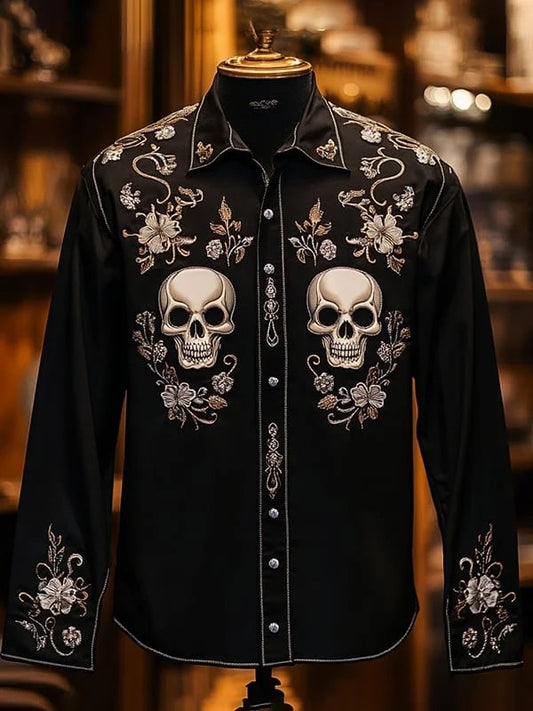 Men's Retro Casual Skull Print Long Sleeve Shirt