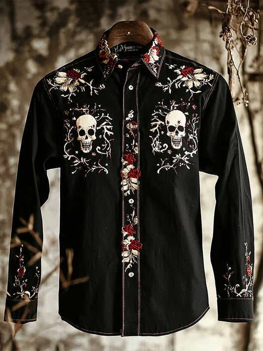 Men's Retro Casual Skull Print Long Sleeve Shirt