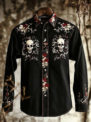 Men's Retro Casual Skull Print Long Sleeve Shirt