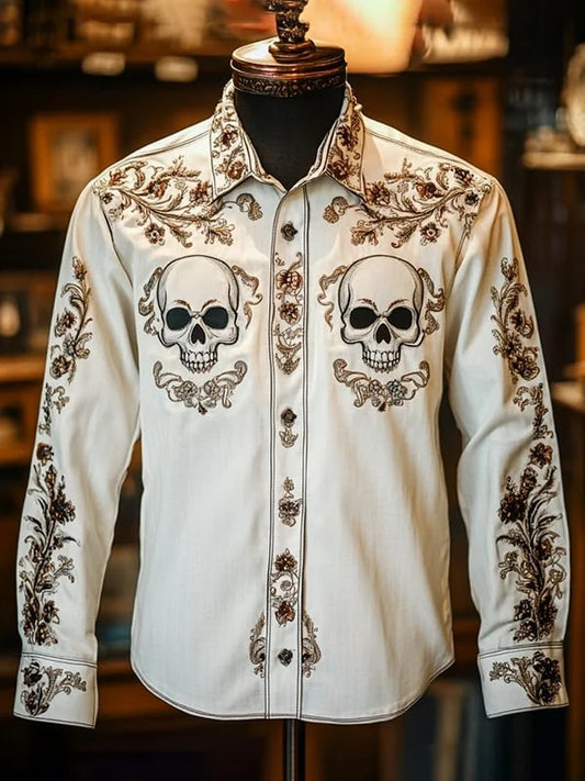 Men's Retro Casual Skull Print Long Sleeve Shirt