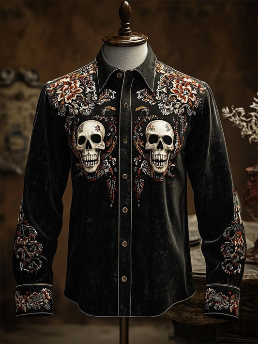 Men's Retro Casual Skull Print Long Sleeve Shirt