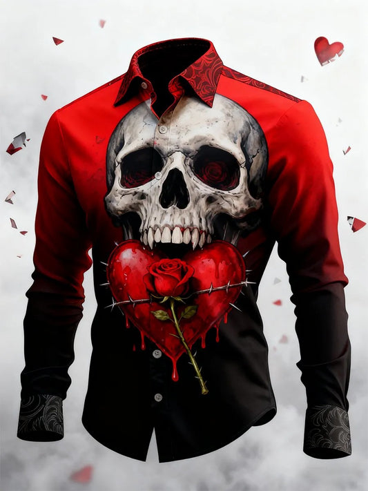Men's Retro Valentines Day Skull Long-Sleeved Shirt